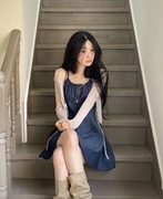 ㊣韩国24夏chic女人，胸前褶皱甜美显瘦牛仔吊带连衣裙