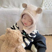 韩版儿童帽子围巾一体，超萌可爱耳朵披肩帽宝宝，秋冬保暖针织毛线帽