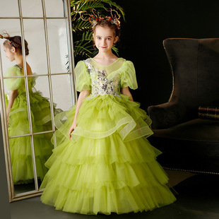 森系女童钢琴演出服洋气，时尚连衣裙绿色儿童，影楼礼服公主裙