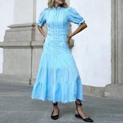 法式高端奢华大牌淡蓝色长裙夏轻奢重工蕾丝刺绣单排扣泡泡袖裙子