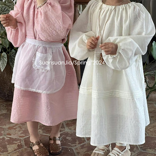 韩系女童棉布裙子圆领仙女裙春季小女孩长袖连衣裙公主裙洋气