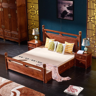 红木新中式大床刺猬紫檀1.8米双人床花梨木实木婚床卧室家具简约