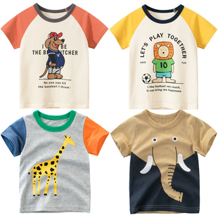 4岁儿童短袖t恤纯棉宝宝，小熊长颈鹿大象动物，图案男童小孩半袖衣服