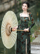 夏季女装新中式国风纯欲挂脖吊带，连衣裙江南女子，轻熟修身包臀开叉