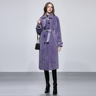 2023冬季时尚气质双排扣拼接设计紫色中长款显瘦羊毛皮草外套