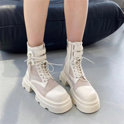 夏欧美时尚真皮网面透气系带厚底马丁靴平跟中跟凉靴米白色短靴子