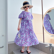 2023夏季韩版女童连衣裙亲子款短袖拼接长裙女大童紫色花朵全棉长