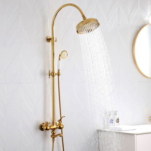 黄铜轻奢法式金色淋浴花洒，套装壁挂式升降杆单把仿古欧式水龙头