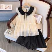 法式小飞袖雪纺衬衫女小个子娃娃衫2023夏季盐系炸街减龄时尚套装