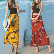 泰国潮牌度假风波西米亚沙滩，半身裙女高腰棉麻荷叶，边鱼尾百褶长裙