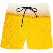 黄色气泡水珠啤酒液体短裤，3d立体印花五分裤子，透气男士夏季沙滩裤