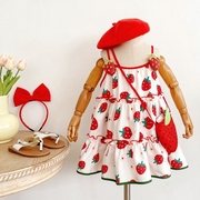 女童吊带裙2024年春夏可爱甜美草莓儿童女，宝宝韩版蛋糕连衣裙