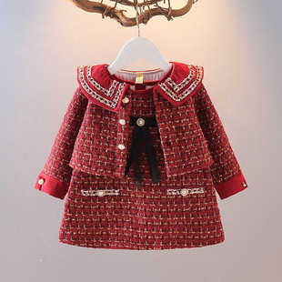 女童套装春秋韩版公主风，小童格子小香风两件套小女孩洋气套裙