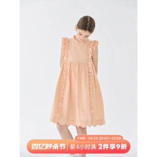 mpeng女童夏季纯棉连衣裙粉橘色无袖荷叶边设计背心连衣裙