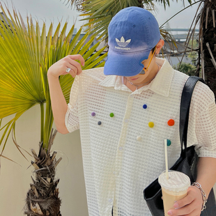 bangboy个性小毛球镂空白衬衫，男短袖夏季薄款小众设计休闲衬衣ins