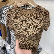 豹纹印花螺纹短袖t恤女2023夏季ins潮时尚，洋气设计感小衫上衣