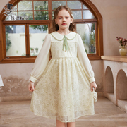 女童娃娃领蕾丝连衣裙2024春装，洋气儿童公主，裙中大童长袖裙子