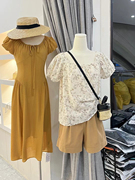 夏季帛然韩系简约短袖连衣裙圆领抽绳可调节收腰姜黄色连衣裙