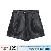 飘蕾酷飒pu皮短裤女2023冬季时髦设计感遮胯显瘦黑色直筒短裤