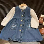 韩韩良品女童棉质套装2024春季童装立领衬衫无袖牛仔裙两件套