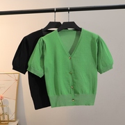 雅蒂夏季绿色泡泡袖短袖开衫短款搭吊带裙冰丝外套修身时尚T恤薄