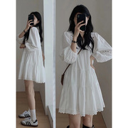 法式白色泡泡袖连衣裙，女夏季小个子高级感气质长袖新中式裙子