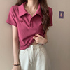 玫红色polo领短袖t恤女设计感小众，夏季韩版宽松短款露脐打底上衣