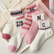 粉色袜子女短袜ins潮夏季薄款运动袜字母条纹短筒低帮纯棉船袜