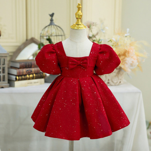 女宝宝周岁礼服洋气女童，生日晚礼服长袖红色，小花童公主裙春款拜年
