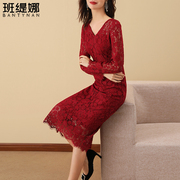 酒红色蕾丝连衣裙2024春季长袖气质，女神范镂空(范，镂空)显瘦小礼服女裙