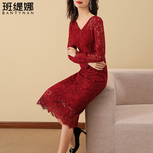 酒红色蕾丝连衣裙2024春季长袖，气质女神范镂空(范，镂空)显瘦小礼服女裙