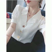 白色雪纺衬衫女夏季韩版短袖气质设计感小众复古V领衬衣2024