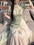 新中式改良年轻款提花假两件连衣裙女夏季国风复古蛋糕裙摆长裙子