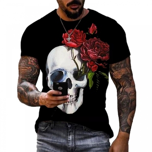 欧美跨境t恤骷髅头外贸，提供男士t恤3d数码，印花圆领短袖