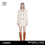 ODTD23年秋冬白色棕色羊毛双排扣中长款外套大衣设计师女装