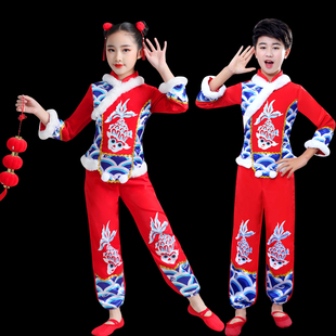 民族儿童秧歌演出服，喜庆开门红春节幼儿，打鼓舞蹈表演服装男女