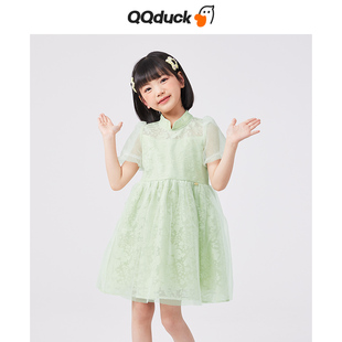 QQduck可可鸭女童连衣裙短袖中国风复古刺绣中大童裙子洋气时髦夏