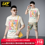 SXF圣希梵套装男 潮牌印花刺绣短袖T恤 提花男士短裤夏季两件套装