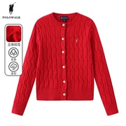 polowalk童装红色毛衣，女童2024春季儿童新年装针织开衫外套