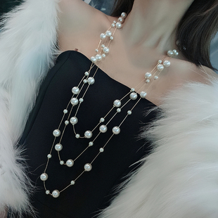 珍珠项链长款2022年女士多层毛衣链配饰韩国时尚百搭三层挂饰