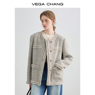 vegachang小香风短外套，女2024春秋，法式复古羊毛呢子夹克上衣