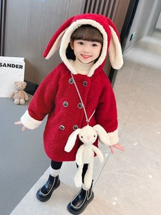 女童冬装毛毛衣(毛毛衣)加绒加厚羊羔绒外套，2023兔耳朵洋气时髦拜年服