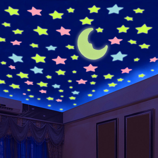 3d立体墙贴画房顶天花板月亮，星星荧光夜光，贴卧室房间墙壁装饰贴纸