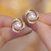微镶锆石缠绕珍珠耳钉女精致小巧s925银针耳饰高级感法式优雅耳环
