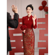 新中式订婚礼服女年轻款，敬酒服2024新娘，衣服小个子酒红色旗袍
