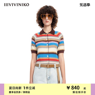 IIIVIVINIKO春夏多巴胺宽松条纹针织短袖开衫女M310213621B