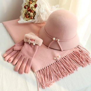 2024新秋冬季帽子围巾手套三件套女韩版可爱粉色系三件套用心送礼