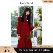 goodland美地女装冬季娃娃，领大红色绵羊毛混纺针织，连衣裙高级感