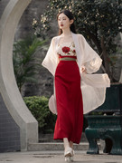 女装复古新中式国风，改良红色玫瑰汉服，三件套侠女超仙气日常上班