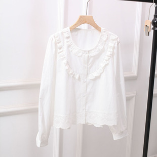 秋装白衬衫女短款上衣长袖蕾丝花边法式设计感小众百搭洋气小清新